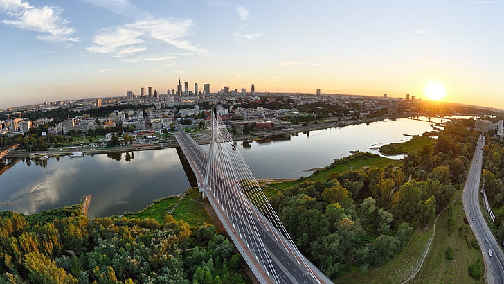 5k, 4k, bridge, Vistula, trees, Poland, river, sunset, Warsaw, HD wallpaper