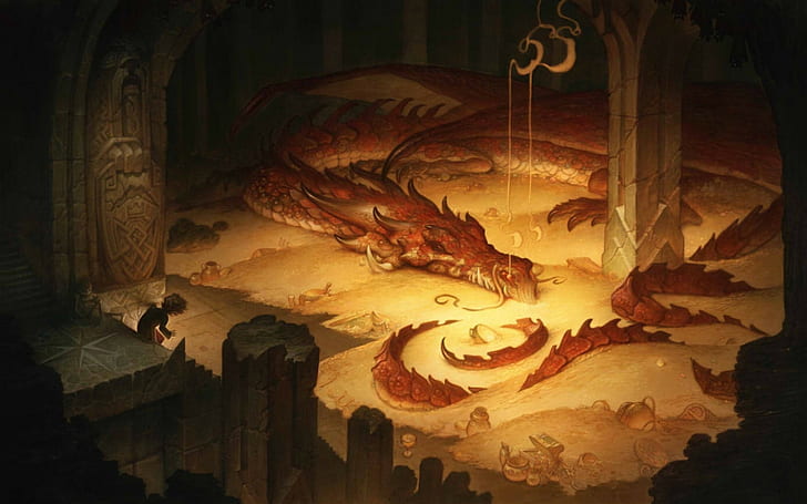 Smaug, fantasy art, Bilbo Baggins, The Hobbit: The Desolation of Smaug, HD wallpaper