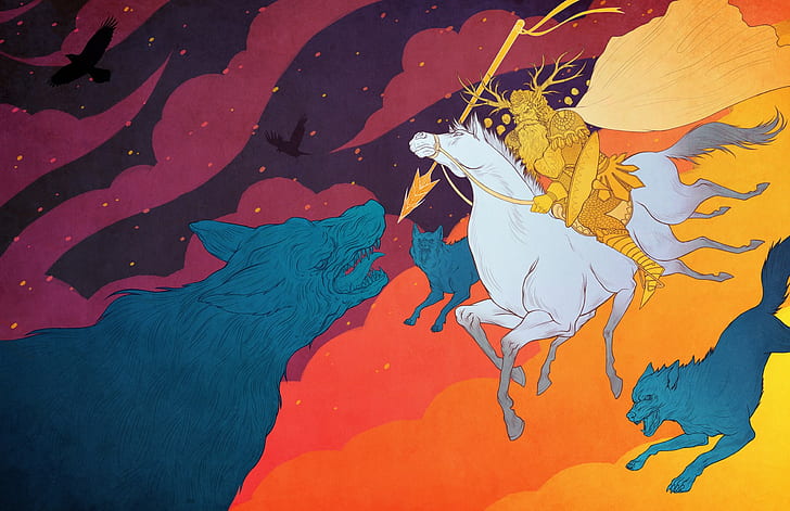mythology, wolf, clouds, horse, Odin, Huginn, Muninn, Sleipnir, HD wallpaper