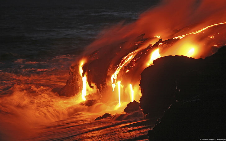 nature, landscape, volcano, lava, photography, water, sea, motion, HD wallpaper