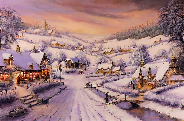 HD wallpaper: By Gordon Lees, town in winter painting, gordon-lees, village  | Wallpaper Flare