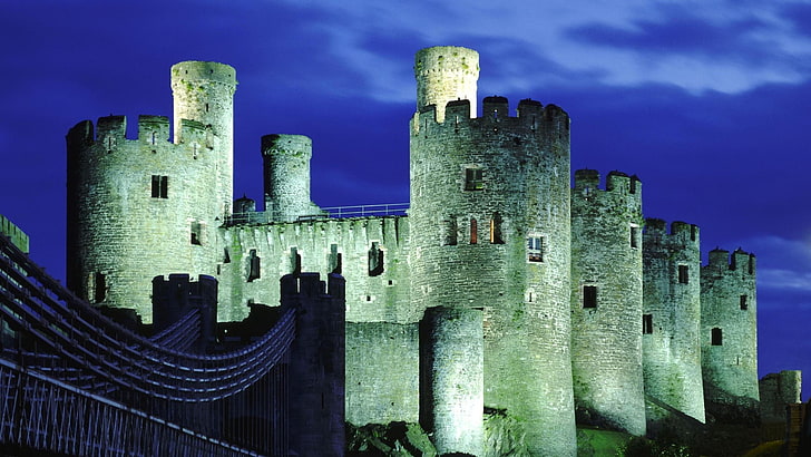 architecture, castle, Wales, UK, night, tower, bridge, clouds, HD wallpaper
