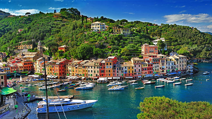 Italy, Portofino, sea, boats, houses, buildings, city, yacht, sailboat and buldings, HD wallpaper