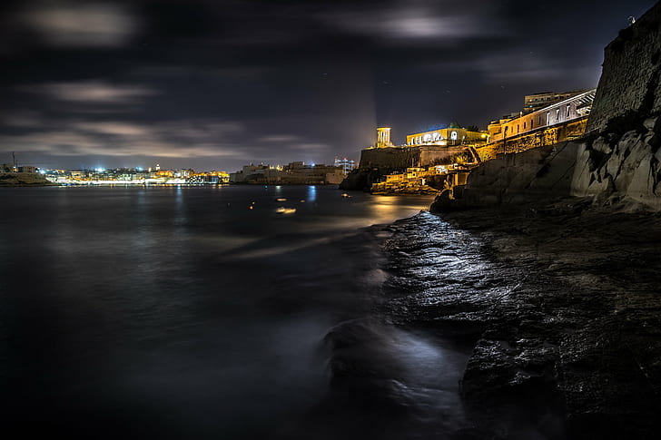 timelapse photography of cityscape beside sea during nighttime, valletta, malta, valletta, malta, HD wallpaper