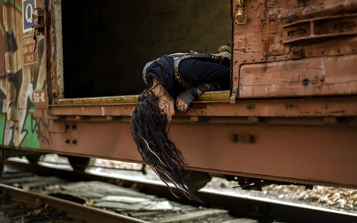 train, women, brunette, homeless, long hair