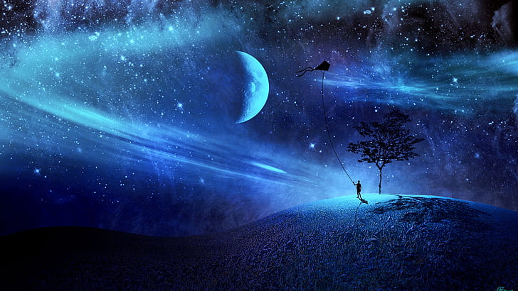 fantasy art, sweet dreams, night sky, kite flying, kite-flying