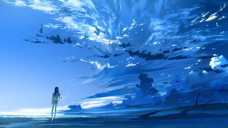 sky, blue, clouds, anime, anime girls, sea, nature, women, water
