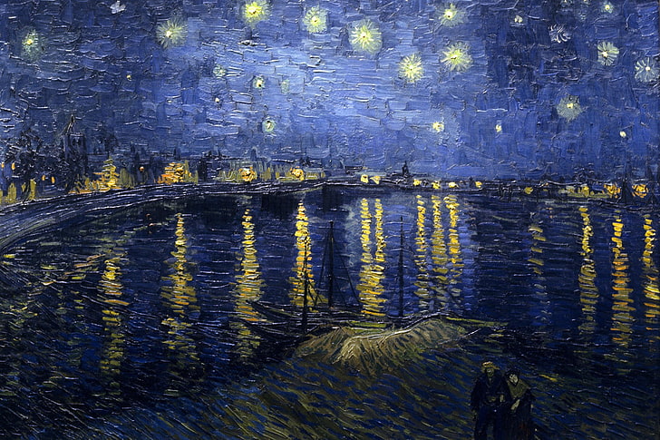 boat on body of water painting, Vincent van Gogh, stars, reflection