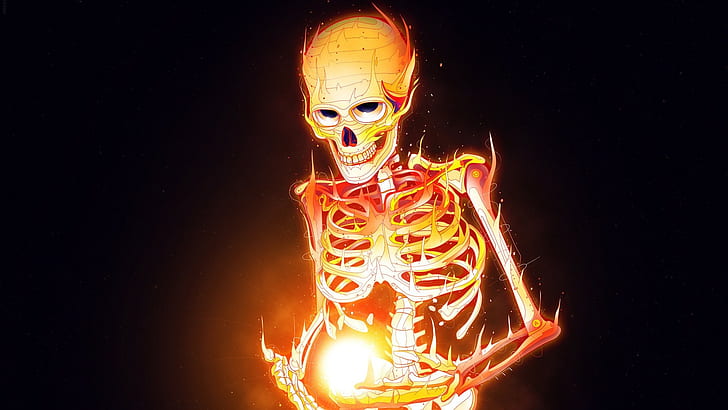 digital art, skull, burning, black background, bones, skeleton