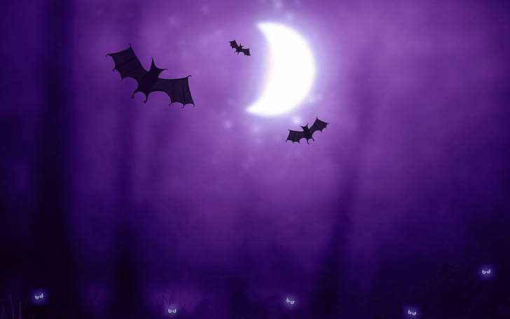 Halloween Bats, three bats under purple sky with moon art, celebrations