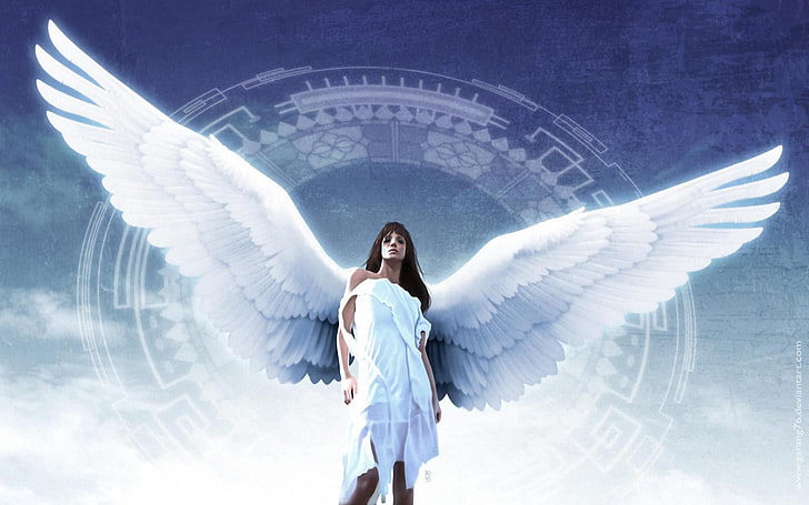 white dressed woman angel illustration, wings, one person, young adult