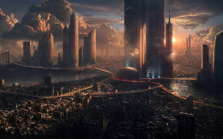 futuristic city, cityscape, digital art, science fiction