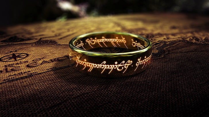 silver-colored ring, gold-colored ring with white text, The One Ring, HD wallpaper