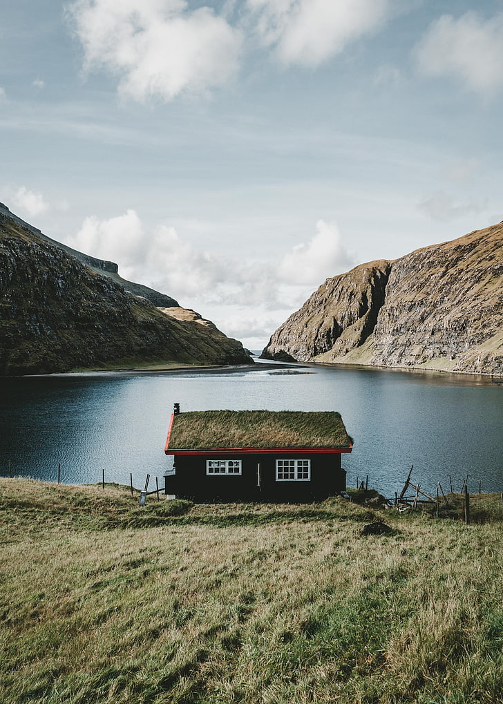 black and gray house, lake, mountains, village, saksun, faroe islands, HD wallpaper