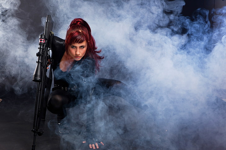 redhead, sniper rifle, women, smoke, model, weapon, smoke - physical structure