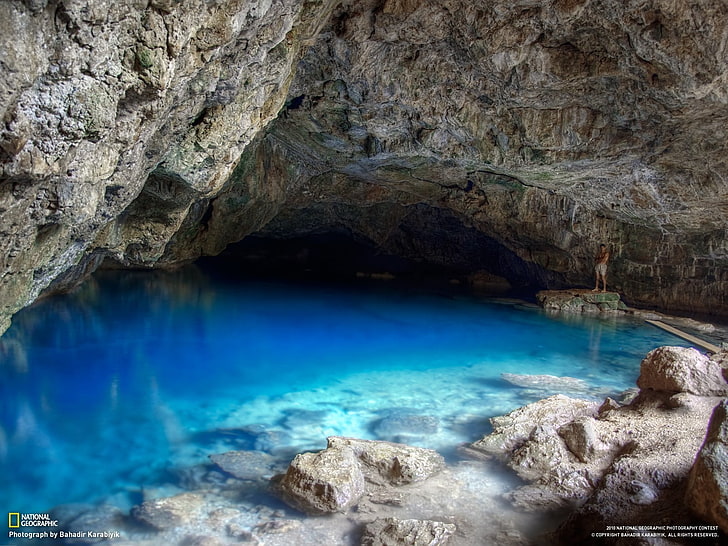 blue and white above ground pool, National Geographic, cave, nature