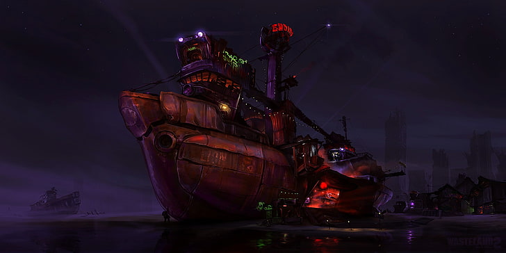 Wasteland 2, Fallout, apocalyptic, night, nautical vessel, water