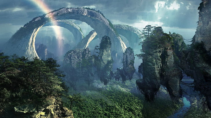 rocks, Pandora, trees, dark, fantasy art, forest, air, Avatar, HD wallpaper