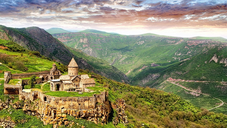 nature, landscape, trees, Armenia, stones, clouds, valley, hills, HD wallpaper