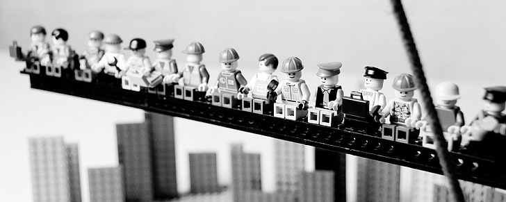 Lego Lunch Atop a Skyscraper wallpaper, monochrome, toys, in a row, HD wallpaper