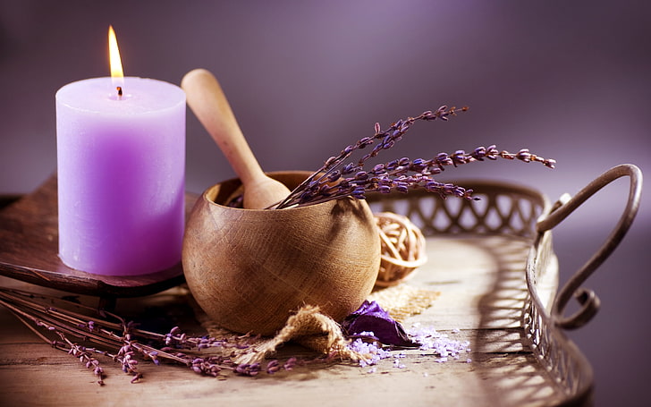 purple pillar candle and brown mortar and pestle, lavender, cup, HD wallpaper