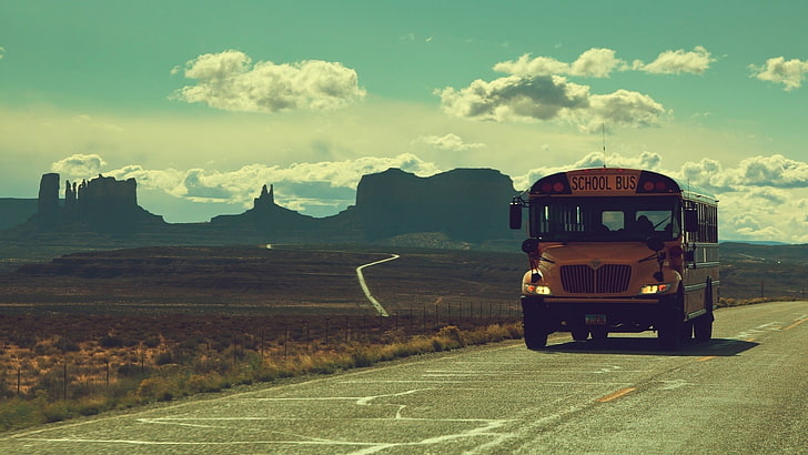 yellow and black school bus, landscape, old car, mode of transportation
