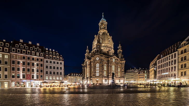 Dresden, Germany, city night, lights, square, buildings, HD wallpaper