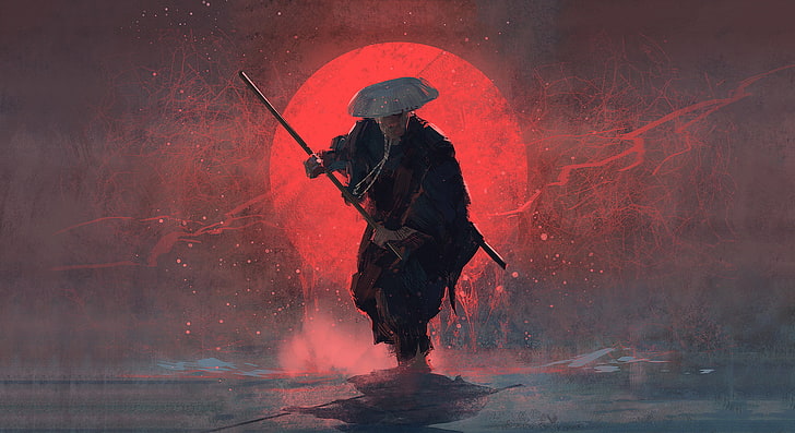 samurai painting, man wearing suit and hat holding sword painting, HD wallpaper