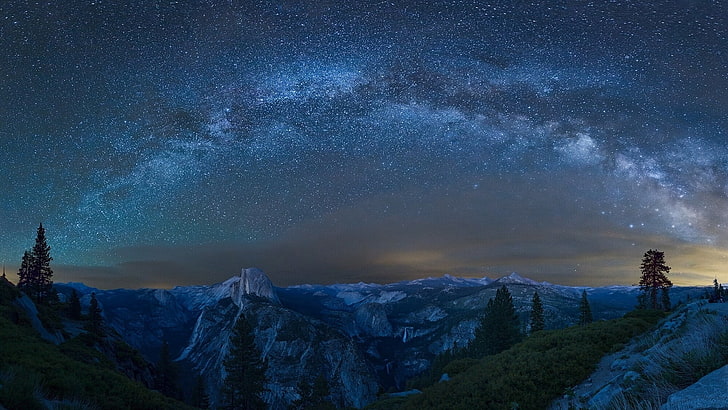 starry night, trees, nature, landscape, Yosemite National Park