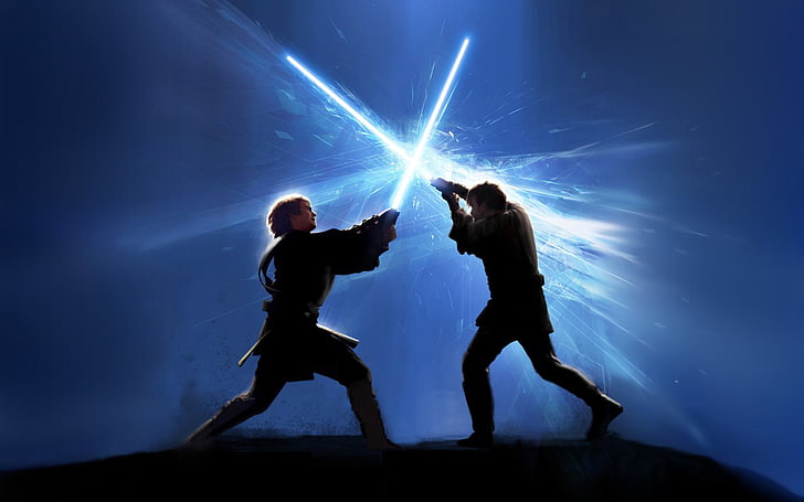 Star Wars light saber battle photo, fight, lightsabers, silhouette, HD wallpaper