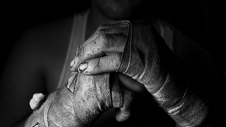 grayscale photo of man with bandage on hand, hands, struggle