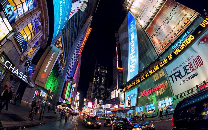 New York Time Square, city, buildings, evening, advertising, people