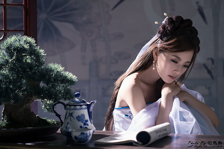 Models, Mikako Zhang Kaijie, Asian, Bonsai, China, Chinese, HD wallpaper