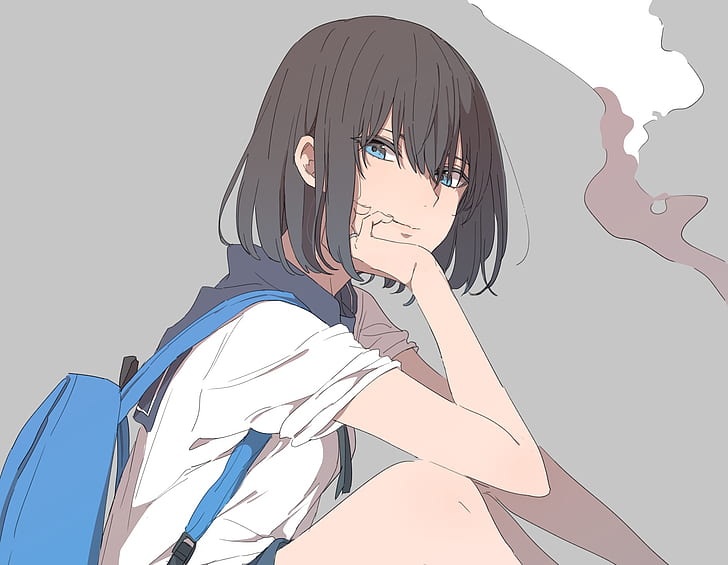 original characters, blue eyes, backpacks, anime girls, black hair, HD wallpaper