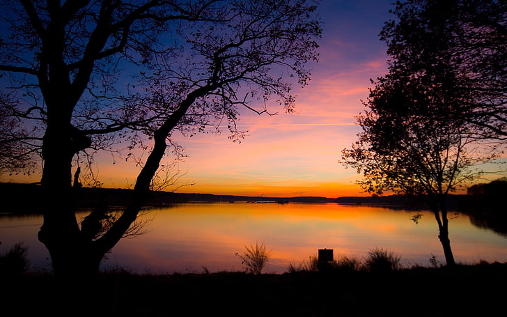 landscape, sunset, dusk, lake, trees, purple sky, silhouette, HD wallpaper