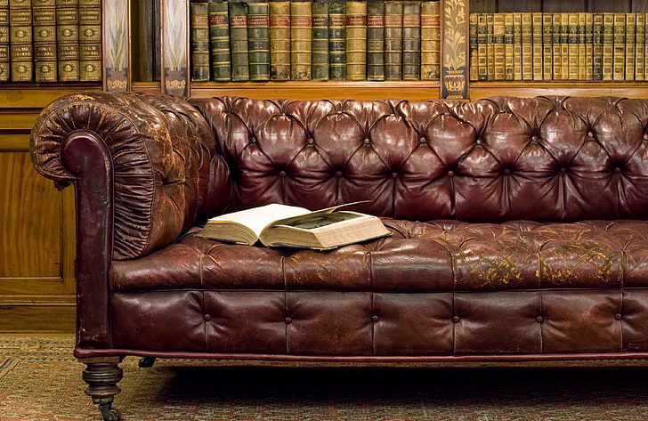 tufted red leather couch, antiques, library, bed, book, books