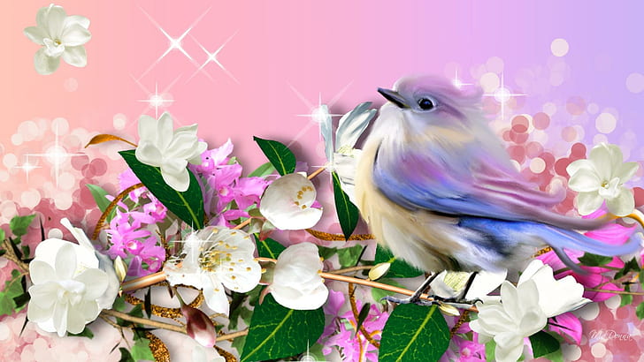 A Little Bird Told Me, feminine, ribbons, cherry blossoms, sakura, HD wallpaper