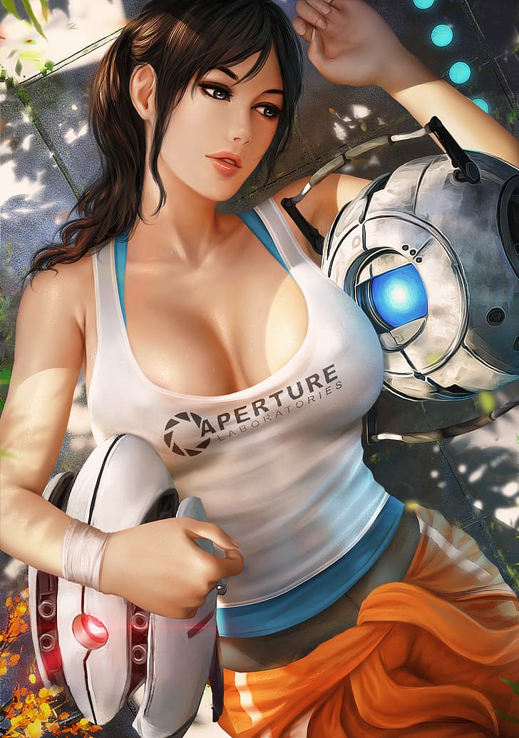 Chell, Portal 2, video games, video game girls, robot, cleavage, HD wallpaper