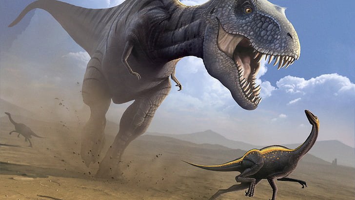 T-rex chases raptor, Tyrannosaurus, Ornithomimus, dinosaur, art, HD wallpaper