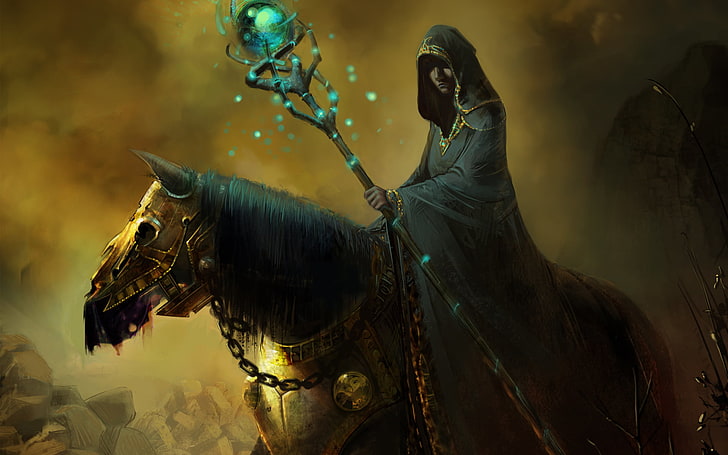 wizard riding horse illustration, magic, art, hood, staff, armor