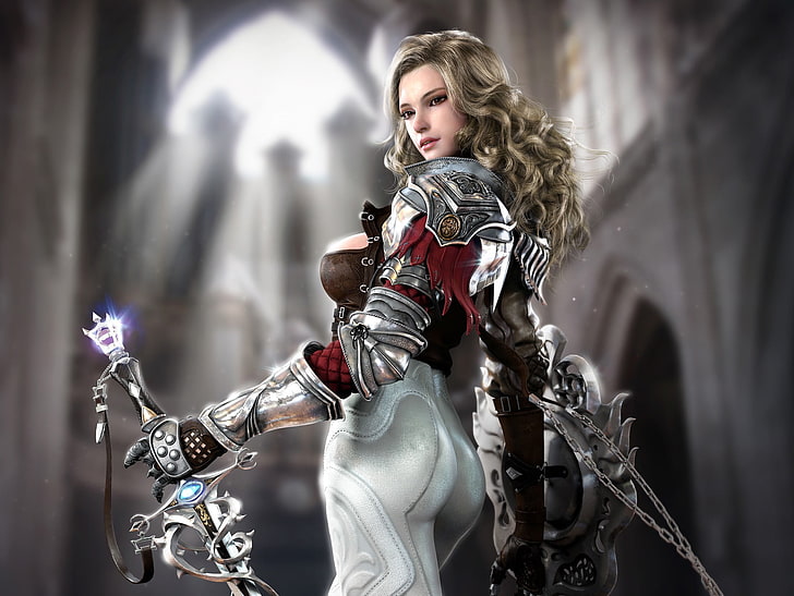 female game character digital wallpaper, girl, sword, fantasy