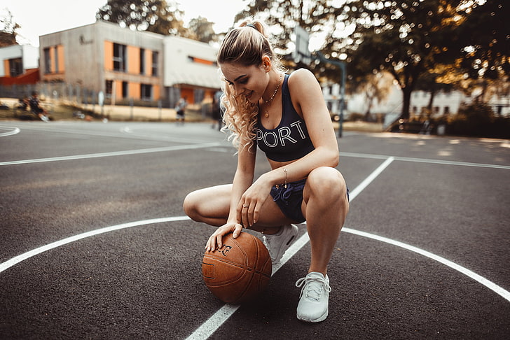 women, blonde, tanned, squatting, ball, sneakers, shorts, necklace