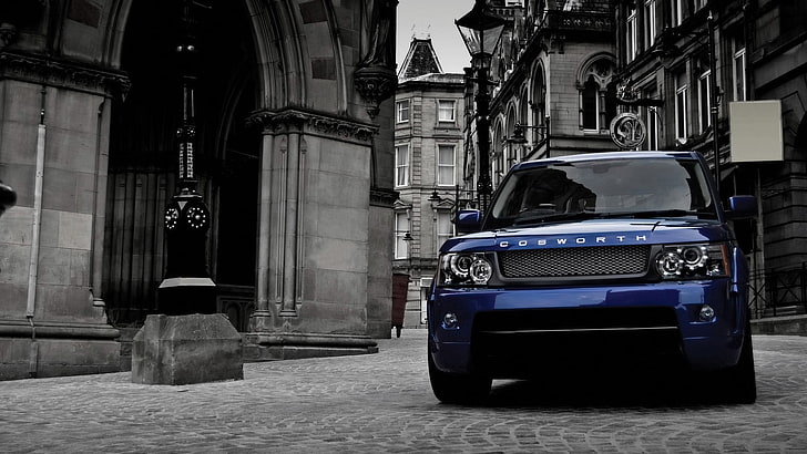 blue SUV, Range Rover, car, blue cars, selective coloring, architecture