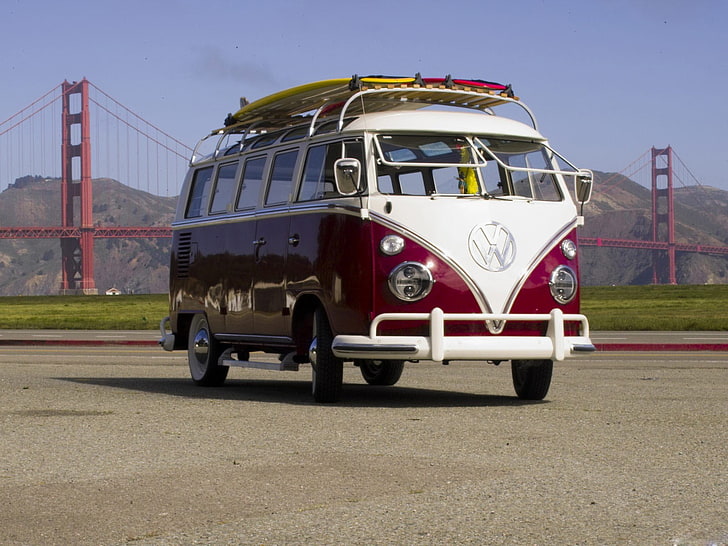 white and red Volkswagen T1 van, Bridge, Hippie, transportation, HD wallpaper