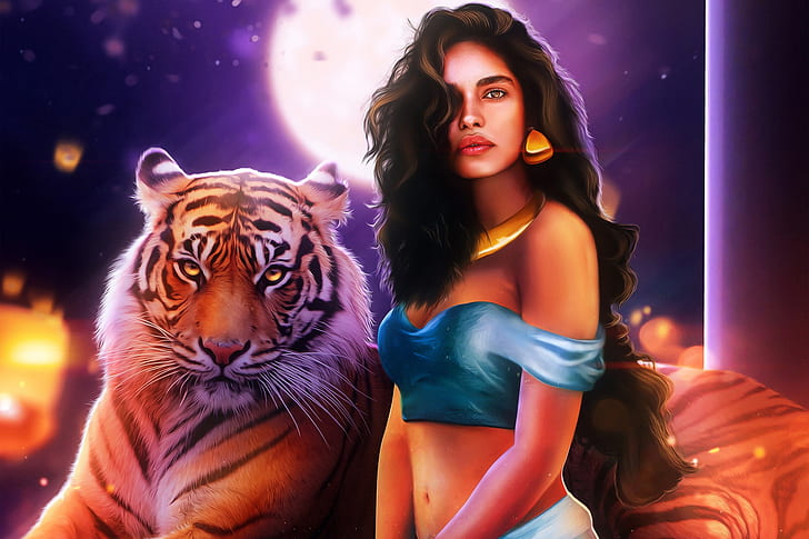 fantasy girl, fantasy art, tiger, long hair, animals, Aladdin, HD wallpaper