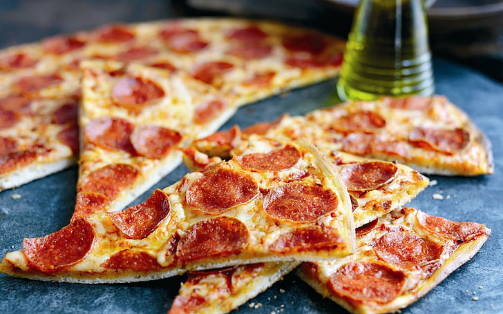 pepperoni pizza, pieces, sausage, cheese, food, mozzarella, slice, HD wallpaper