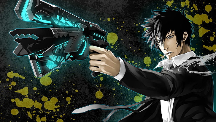  hombre que sostiene la ilustración de la pistola, Psycho-Pass, Shinya Kogami, anime, Fondo de pantalla HD