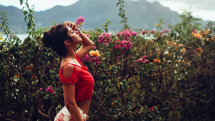 women outdoors, model, Aurela Skandaj, one person, plant, flower