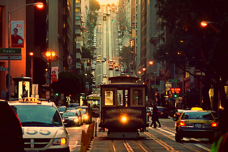 black train, road, cityscape, tram, illuminated, mode of transportation