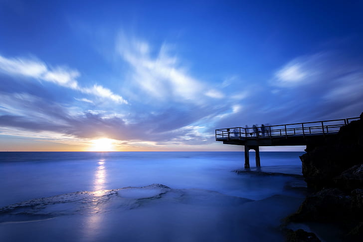 brown wooden dock in front of sun rise, Feeling Blue, Canon  6D, HD wallpaper